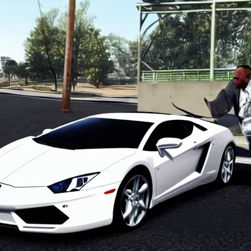 Prompt: Franklin Clinton from GTA V driving a white Lamborghini Sian with Lamar Davis, photorealistic
