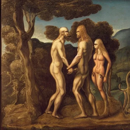 Prompt: adam and eve shaking hands with an anthromorphic snake