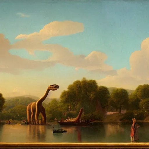 Prompt: 1750 street of Paris with Diplodocus and T-Rex, in the style of the Hudson River School