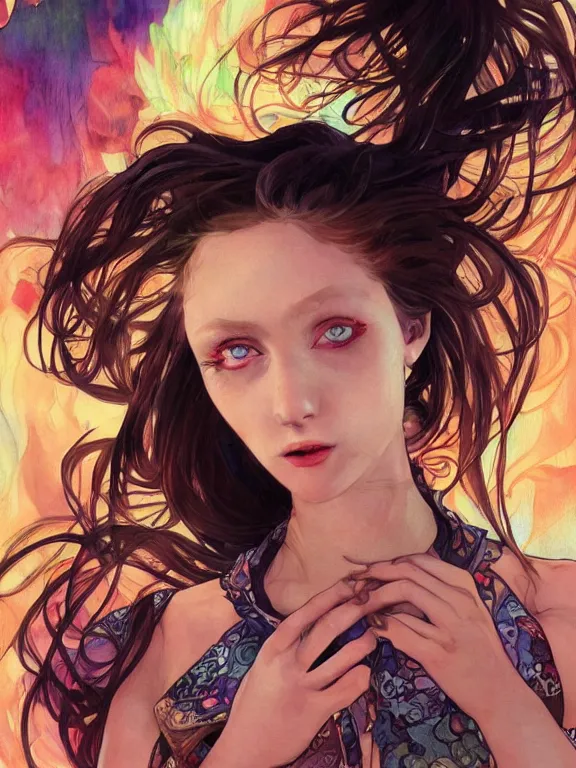 Prompt: digital illustration of a girl with eyes that burn like cigarettes wearing a short skirt and a long jacket with fingernails that shine like justice, dramatic lighting, photorealistic, extreme detail, 4 k, colorful, artgerm and alphonse mucha, watercolor