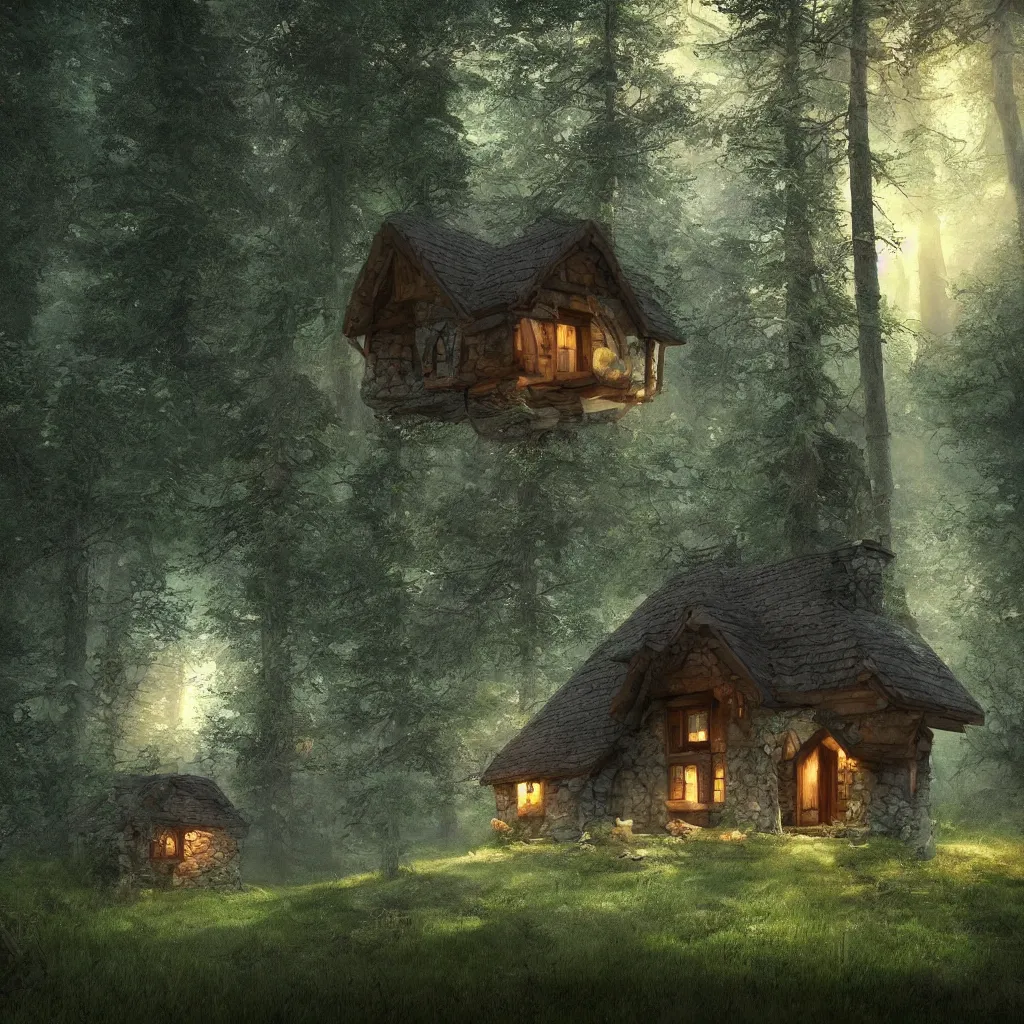 Image similar to a cottage in the woods , fantasy, hyper realistic, dramatic lighting, 8k