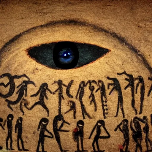 Image similar to an ancient cave painting of a giant eye floating above a crowd of people