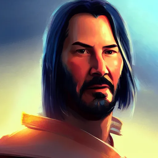 Image similar to Portrait of Keanu Reeves as a samurai, mattepainting concept Blizzard pixar maya engine on stylized background splash comics global illumination lighting artstation lois van baarle, ilya kuvshinov, rossdraws