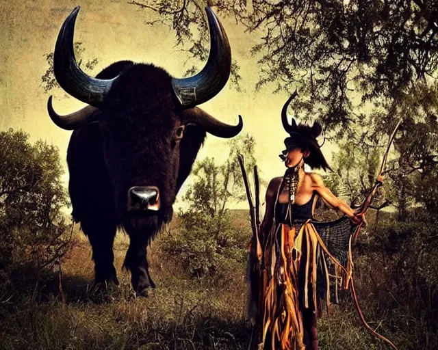 Image similar to incredible strange evocative artwork of buffalo hunters, buffalo midnight, l in the style of tim walker fashion photography, legend of buffalo hunters