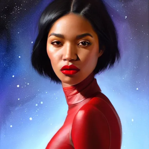 Prompt: a portrait of a very WOC beautiful woman in a spacesuit, brown eyes, shoulder-length black hair, red lips, bored, illustration, soft lighting, soft details, painting oil on canvas by mark arian by artgerm, trending on artstation, 4k, 8k, HD