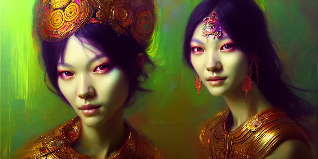 Image similar to Psychedelic portrait of a smiling Goddess by Stanley Artgerm Lau, Ruan Jia and Fenghua Zhong