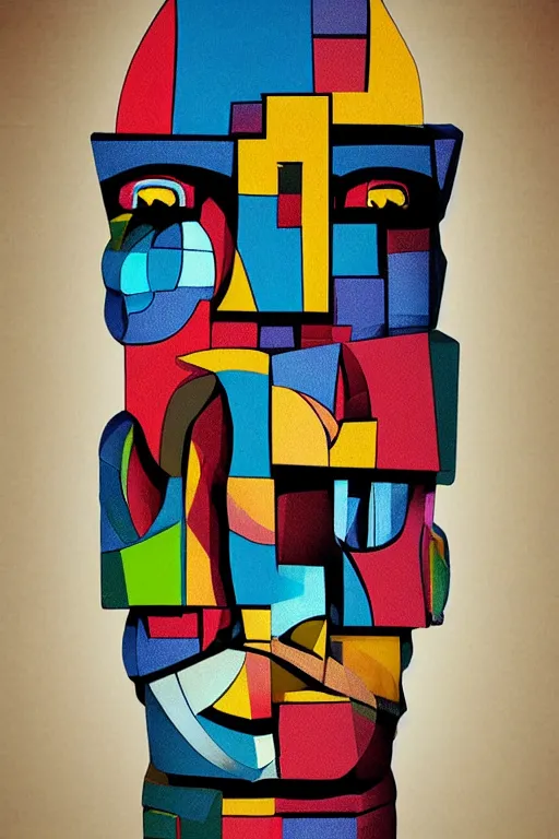 Image similar to cubist moai statue cutout digital illustration cartoon colorful beeple