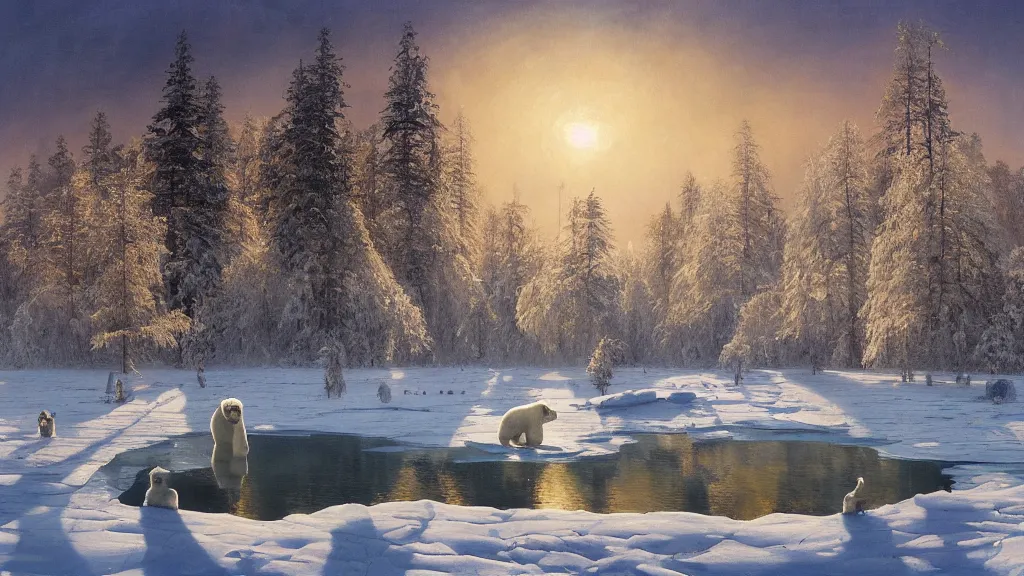 Prompt: the most beautiful panoramic landscape, oil painting, where a giant dreamy lake is frozen, the trees around have snow over their leafs, a giant polar bear is exhaling steam while walking over the frozen lake, the frozen lake is reflecting the giant polar bear and the ray lights of the sunrise are brightening him, by greg rutkowski