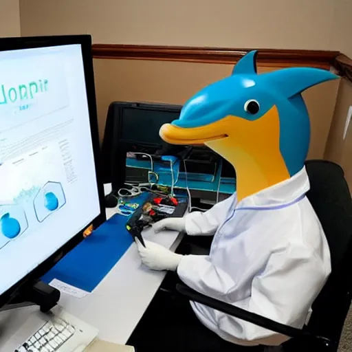 Image similar to A dolphin wearing a chemist outfit playing games on a computer