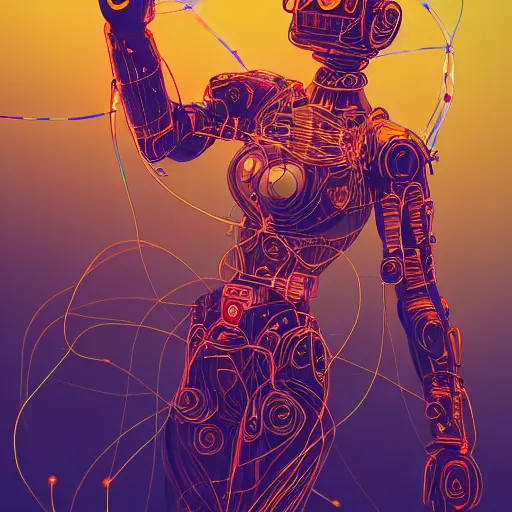 Image similar to a beautiful body of a bot fighter pilot woman mostly made of wires and electronic circuits led luminous, an ultrafine detailed illustration by james jean, final fantasy, intricate linework, bright colors, behance contest winner, vanitas, angular, altermodern, unreal engine 5 highly rendered, global illumination, radiant light, detailed and intricate environment