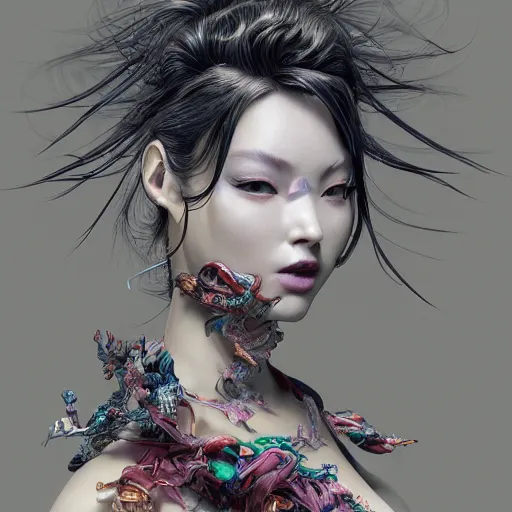 Image similar to the portrait of an absurdly beautiful, graceful, elegant, sophisticated, fashionable cyberpunk gravure idol, an ultrafine hyperdetailed illustration by kim jung gi, irakli nadar, takato yamamoto, intricate linework, bright colors, porcelain skin, unreal engine 5 highly rendered, cgsociety, fractal background, global illumination, radiant light, detailed and intricate environment