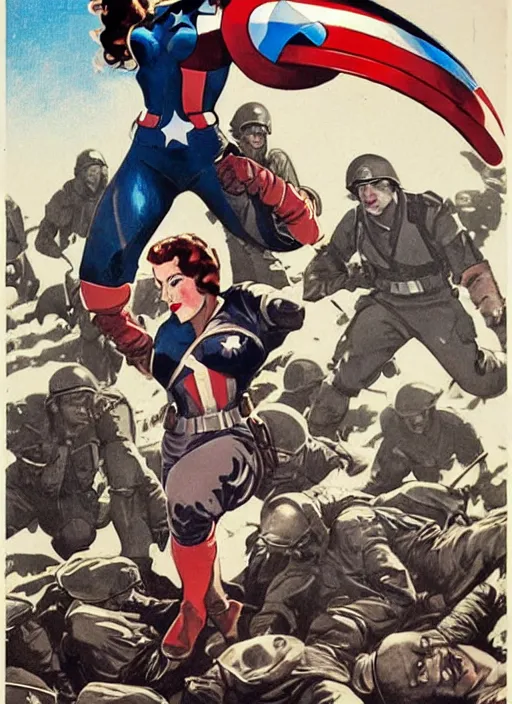 Prompt: beautiful female captain america standing on a pile of defeated, beaten and broken german soldiers. feminist captain america wins wwii. american wwii propaganda poster by james gurney. gorgeous face. overwatch. ralph bakshi and frank miller