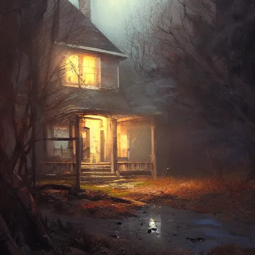 Prompt: an old well, old house in background, horror, dramatic lighting, lovecratian, painted by raymond swanland, painted by greg rutkowski, painted by jeremy mann, painted by artgerm, painted by igor kieryluk, trending on artstation