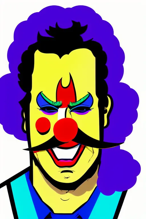 Prompt: display twitter guy wearing an blouses with clown mask. pop art, gta vice city art style, pixel art, face and body features details, ultra realistic details, digital art, concept art, casual art, sharp focus, illustration, intecrate details, elegant, confident posse, art by mark millar and richard hamilton and mimmo rottela