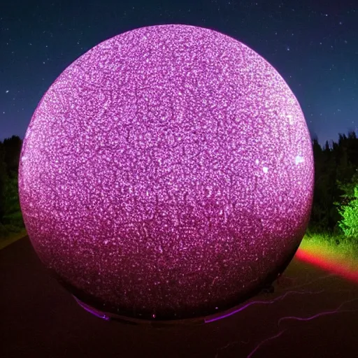 Image similar to A large black reflective sphere covered in glowing purple lines surrounded by a purple haze and reflective mist hovering over a sprawling forest