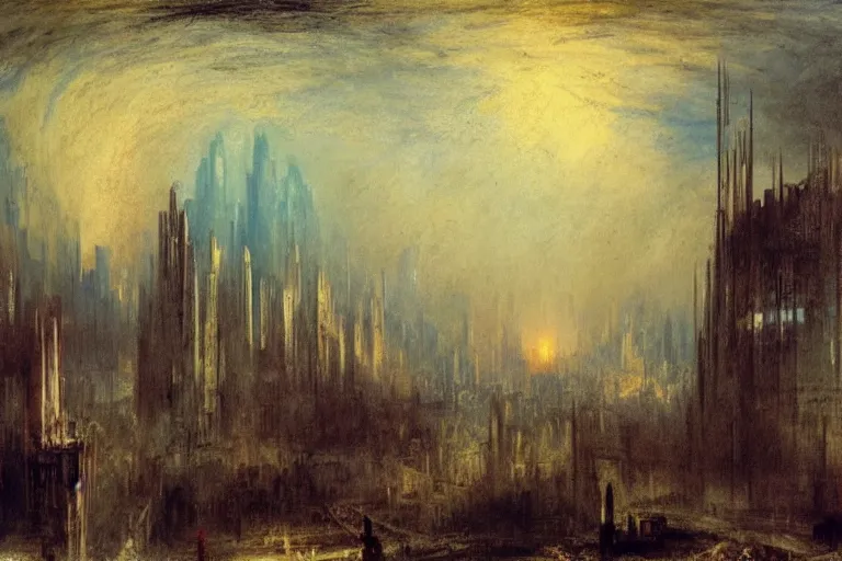 Image similar to cyberpunk post-apocalyptic city landscape with hooded figure painted by William Turner 1860