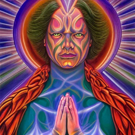 Image similar to a painting of lex from paladins praying designed by alex grey, flooko, etheral, detailed, glows,