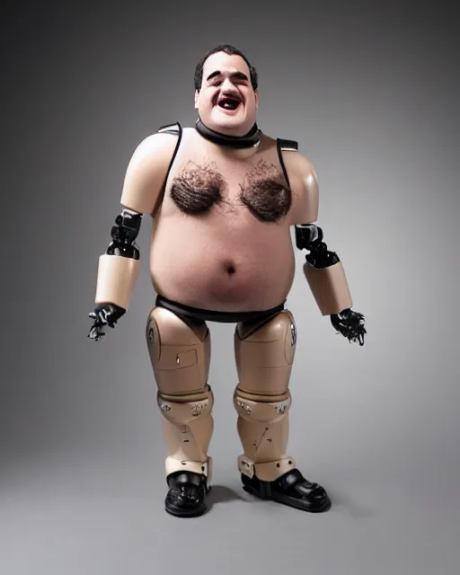 Image similar to Highly detailed robot remote controlled animatronic half scale doll toy in the likeness of John Belushi’s Bluto from Animal House, Studio Lighting