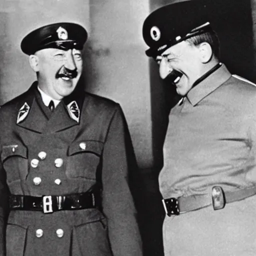 Image similar to hitler and stalin laughing out loud after ww 2