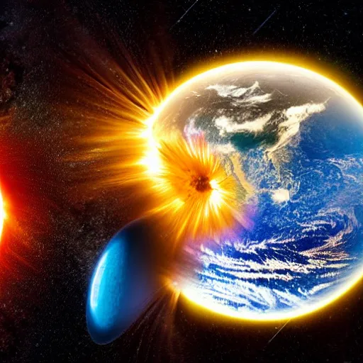 Prompt: the earth and the sun are fighting each other. space photography