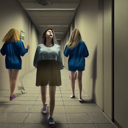 Prompt: A group of women sleepwalking along an unlit college dorm hallway, photorealistic