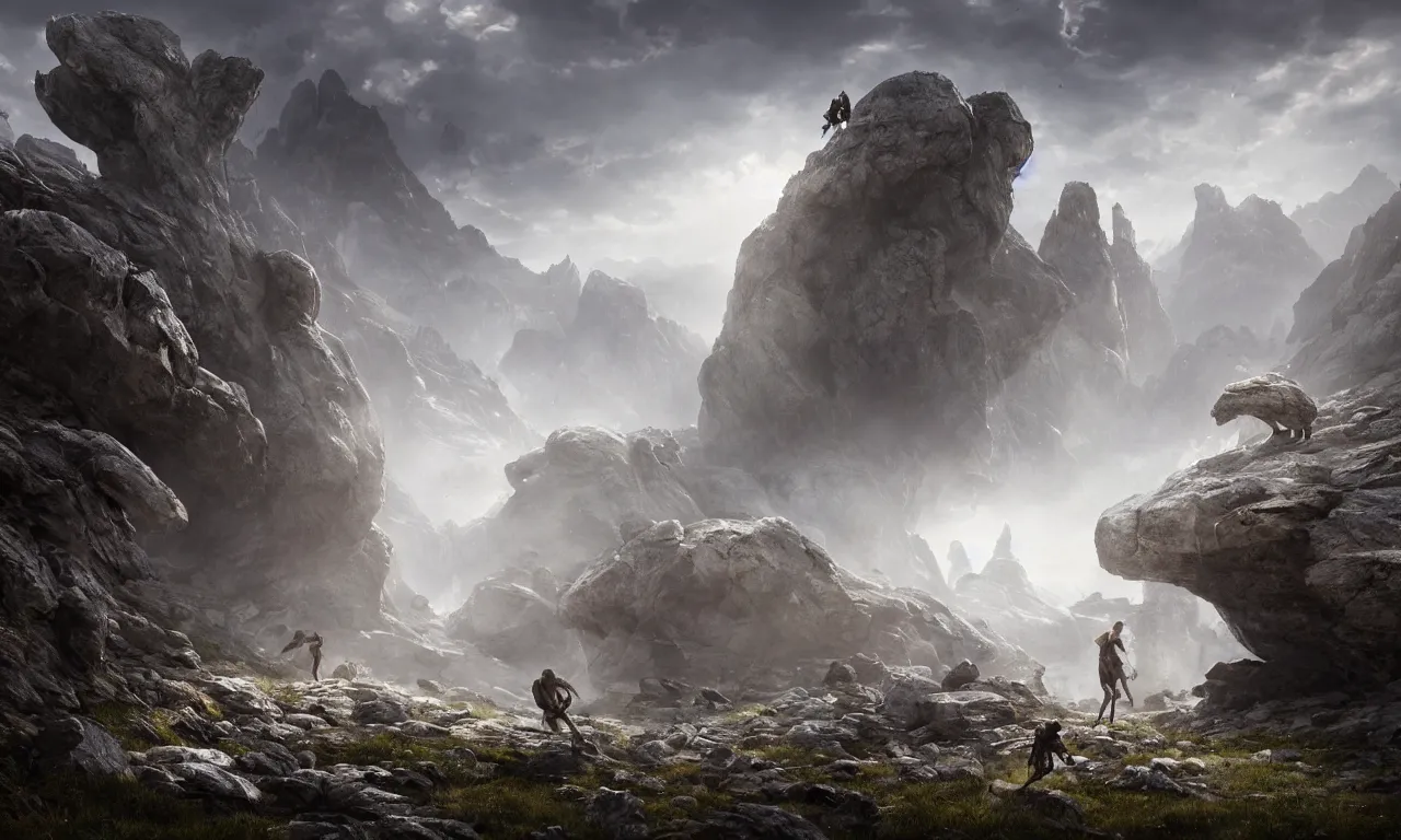 Prompt: creature made of rocks throwing rocks alpine valley. greg rutkowski, andreas achenbach, artgerm, mikko lagerstedt, zack snyder, tokujin yoshioka