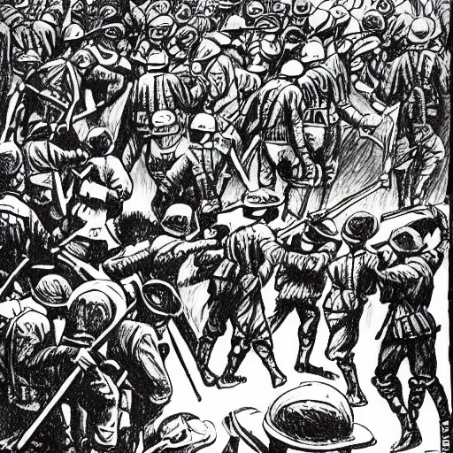 Image similar to first world war drawing, where is waldo style, high detailed print