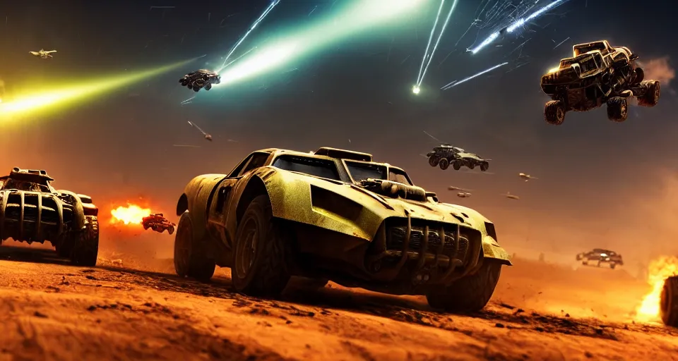 Image similar to macro closeup photo of halo warthogs being chased in a post apocalyptic city, night, smoke, dust, embers, mad max, action, speed, rocket league, volumetric lighting, hdr, need for speed, gta 5, ridley scott, syd mead, craig mullins, cinematic, octane