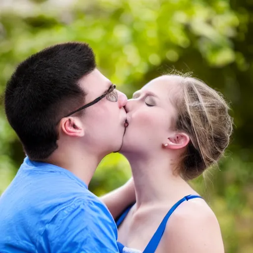 Image similar to couple kissing with bright blue glue paste in faces