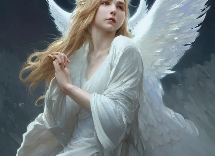 Prompt: a beautiful angel with feathered white wings, d & d, face, fantasy, intricate, elegant, highly detailed, digital painting, artstation, concept art, smooth, sharp focus, illustration, art by artgerm and greg rutkowski and alphonse mucha