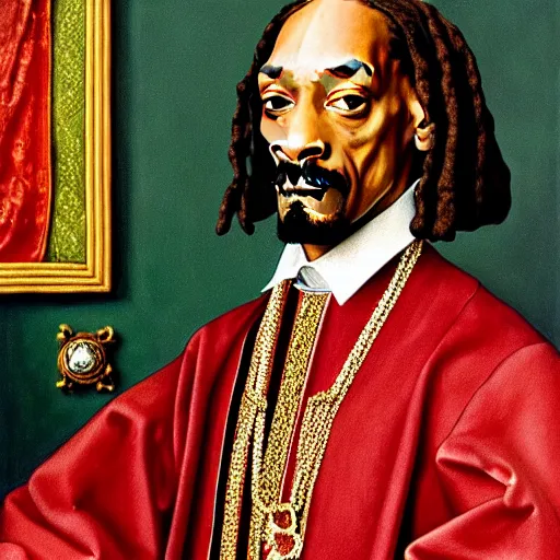 Image similar to a highly detailed portrait of snoop dogg, wearing elegant tudor clothes, inside a room with thick red tapestries, oil painting by hans holbein and alessandro allori and richard burbage