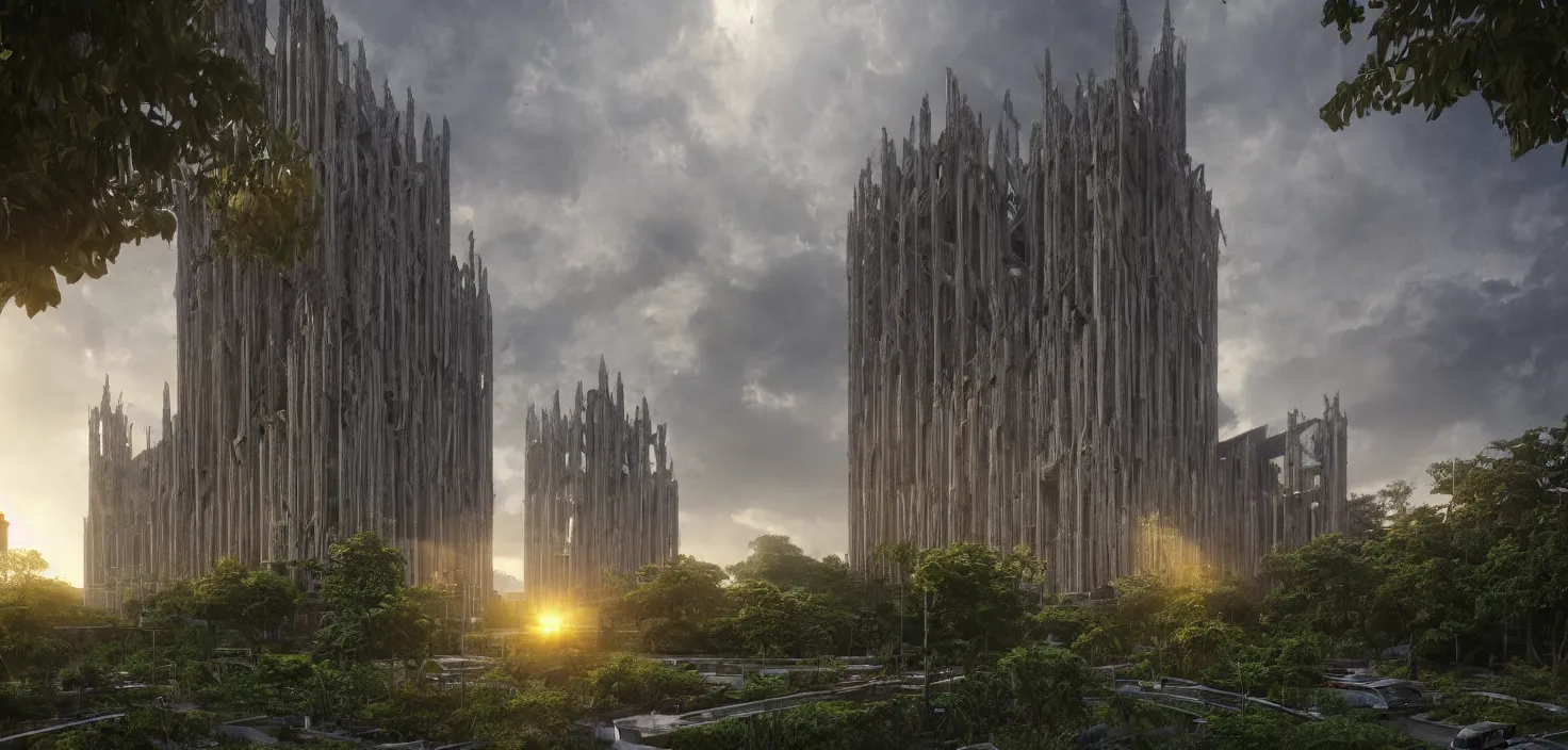Prompt: an extremely detailed cathedral of brutalist architecture, surrounded by lush green vegetation, stunning volumetric lighting, sunset, metal, concrete, translucent material, stunning skies, 8k, photorealistic, hyper detailed, unreal engine 5, IMAX quality, cinematic, epic lighting, digital painting in the style of DOOM and Quake, by Greg Rutkowski, trending on Artstation
