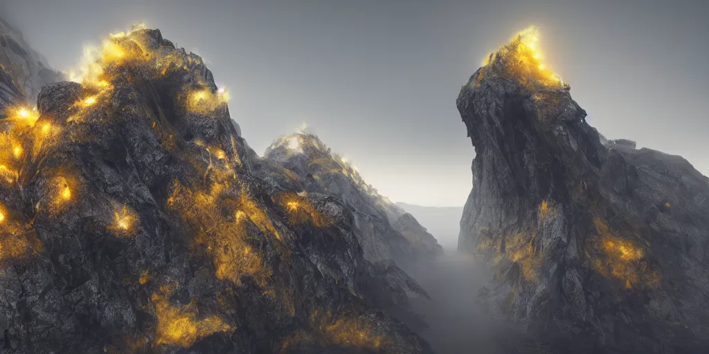 Image similar to a mountainous landscape full of active vulcanoes and a yellow fog and with a yellow cloudy sky, hyperrealistic, concept art, octane render, unreal engine 5, trending on deviantart, venus surface, path traced, no life, dramatic lighting, low contrast, trending on artstation, high quality, highly detailed, 8 k, cinematic, high coherence