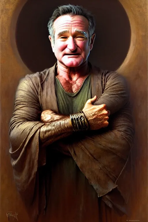 Prompt: robin williams the philosopher by gaston bussiere, bayard wu, greg rutkowski, giger, maxim verehin