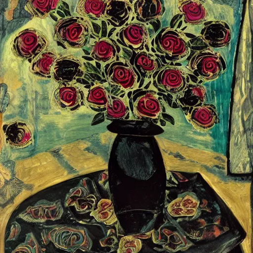 Prompt: a vase of black roses on a table with an ornate patterned tablecloth, photorealistic, by affandi and archipenko, moody lighting