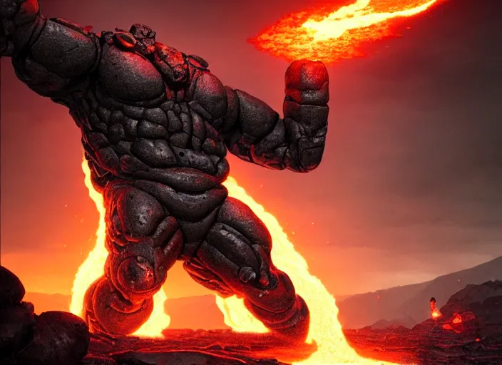 Image similar to epicly designed very muscular stone obsidian robot with human body fighting a deadly beast made from lava with background by greg rutkowski