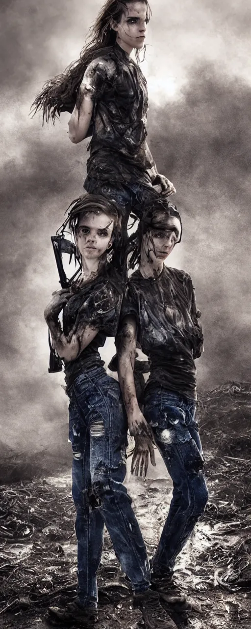 Image similar to twinned sisters Emma Watson action poses dishevelled photorealistic portrait grimy sweating wet face dirty t-shirt and torn jeans in broken biomechanical fractal armour abandoned exploding sci-fi gas station, dark and dim atmospheric smog trending on artstation 8k matte painting, dramatic lighting, dramatic shadows professional photograph by Herb Ritts