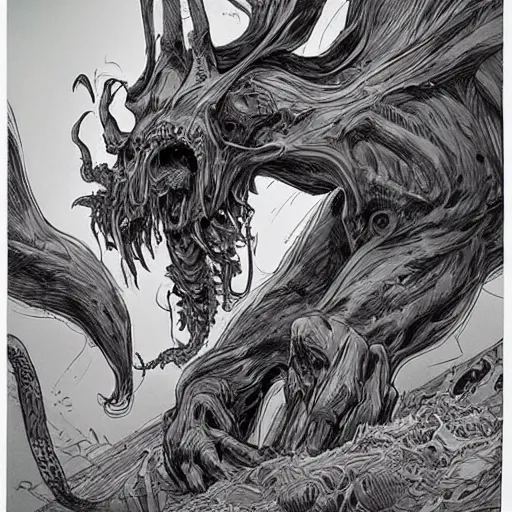 Prompt: a giant eldritch abomination by kim jung gi,