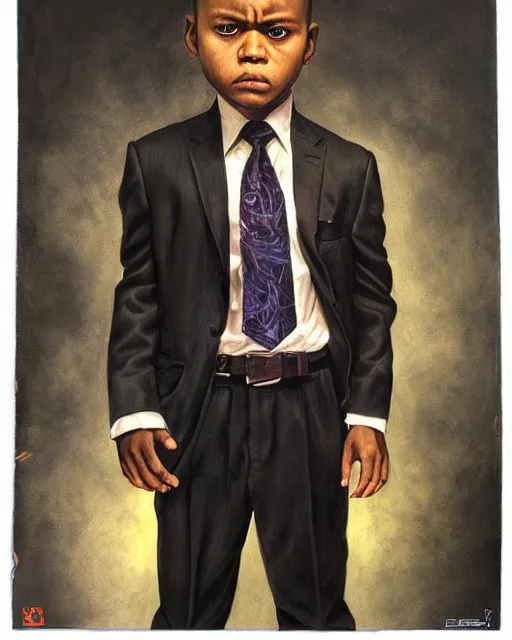 Image similar to portrait of a 7 year old child gang leader, gritty, looking serious, wearing a suit and a tie, very detailed eyes, hyperrealistic, beautiful, very detailed painting by Glenn Fabry, by Joao Ruas, by Artgerm