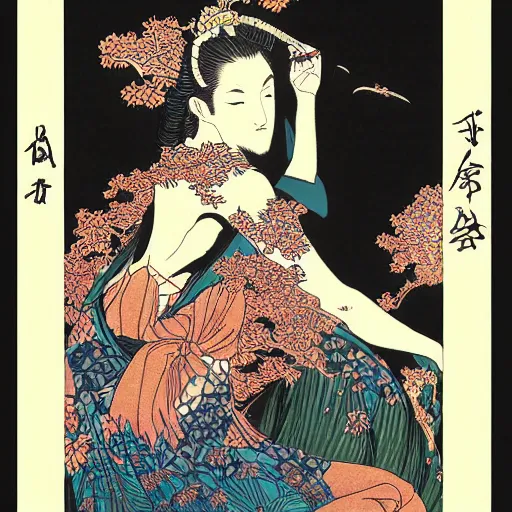 Prompt: Queen of nature, by Hokusai and James Gurney, Black paper with intricate and vibrant nature colors line work, Tarot Card, Exquisite detail