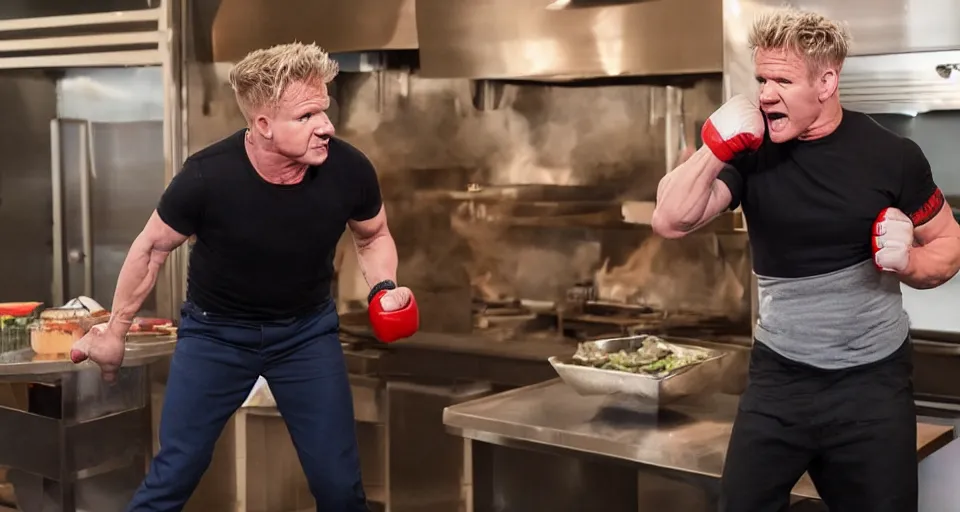 Image similar to photo of angry furious Gordon Ramsay punching Gordon Ramsay at the kitchen