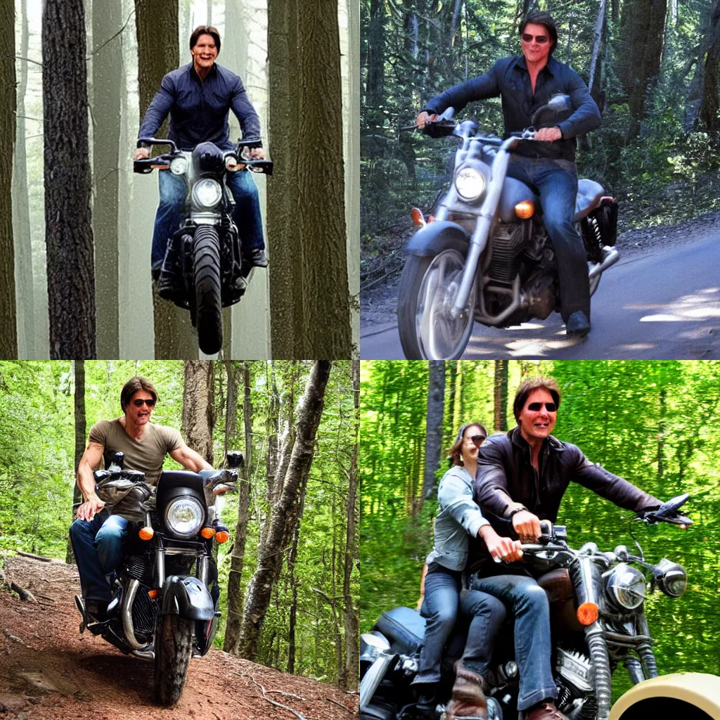Prompt: Tom Cruise riding on the back of Bigfoot in the woods