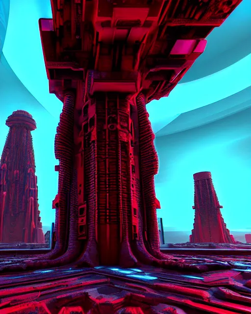 Prompt: futuristic sci fi exterior greeble textured obelisk structures made out of red mandelbulb fractal energy on the nuclear reactor unreal engine volumetric lighting subsurface scattering