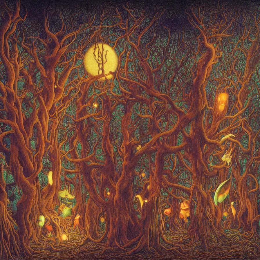 Prompt: a night carnival around a magical tree cavity, with a surreal orange moonlight and fireworks in the background, next to a big lake with iridiscent water, christmas lights, folklore animals and people disguised as fantastic creatures in a magical forest by summer night, masterpiece painted by jean delville, gustave dore and marco mazzoni, art nouveau, dark night environment