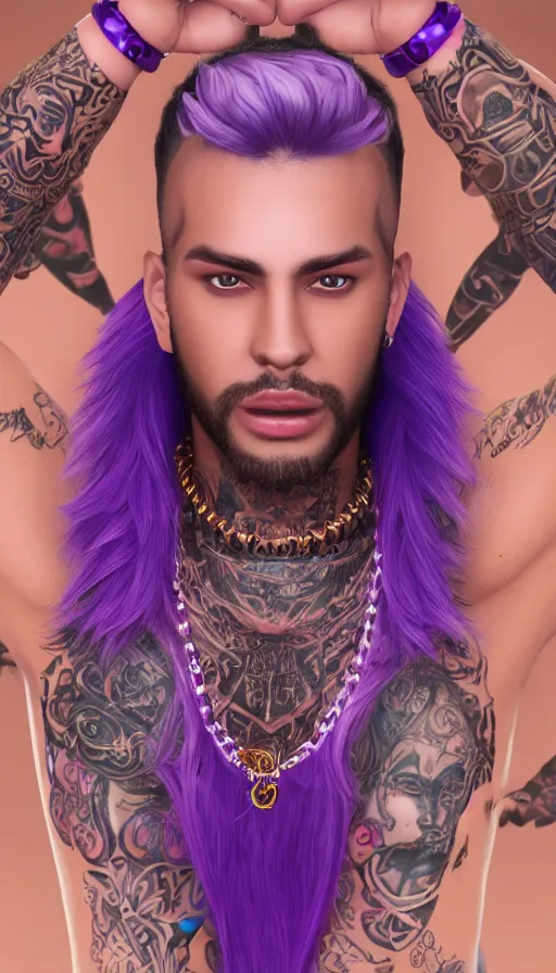 Image similar to 3D high detailed render of a male with purple hair and gold chains, face tattoos, profile picture on a blue background, sweat drops, insane, intricate, highly detailed, oil painting, smooth, sharp focus, Unreal Engine 5, 8K