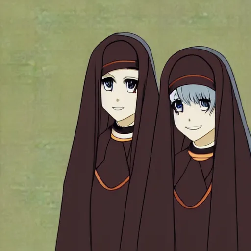 Prompt: two identical beautiful female nuns standing across from each other, dusky, clean detailed anime art