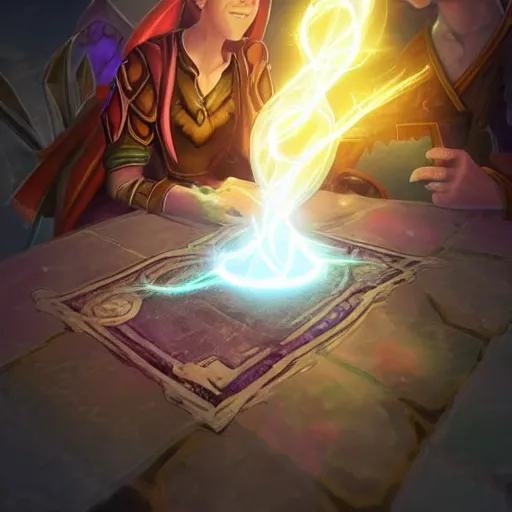 Image similar to glowing magic scroll floating on the table, magic smoke trails on the magical pen, epic fantasy style, in the style of hearthstone artwork