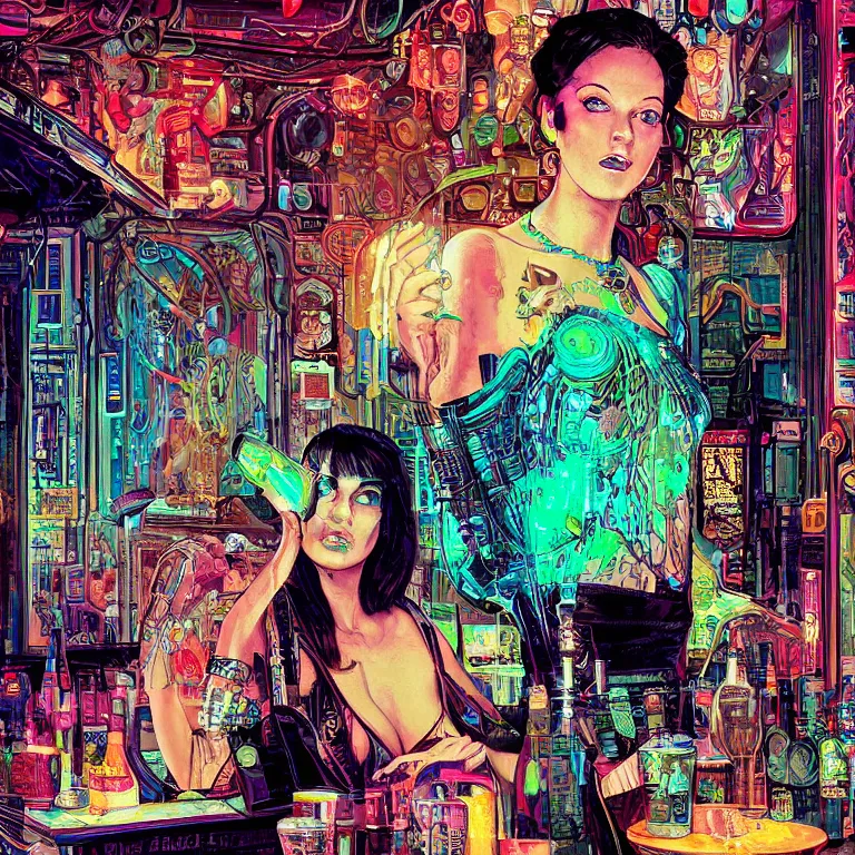 Image similar to beautiful psychedelic digital art of a beautiful cyberpunk lady in a cozy bar by Mad Dog Jones, Norman Rockwell and Ben Erdt