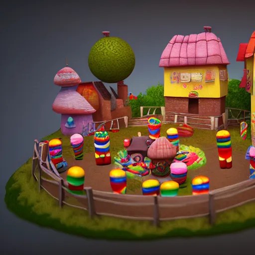 Image similar to Village made of sweets, 4k octane render, detailed art, artstation, streetview, CGSociety, deviantart