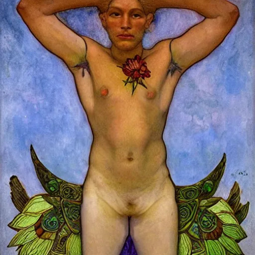 Prompt: the flower prince, by Annie Swynnerton and Nicholas Roerich and Diego Rivera, bioluminescent skin, tattoos, wings made out of flowers, elaborate costume, geometric ornament, symbolist, cool colors like blue and green and violet, smooth, sharp focus, extremely detailed